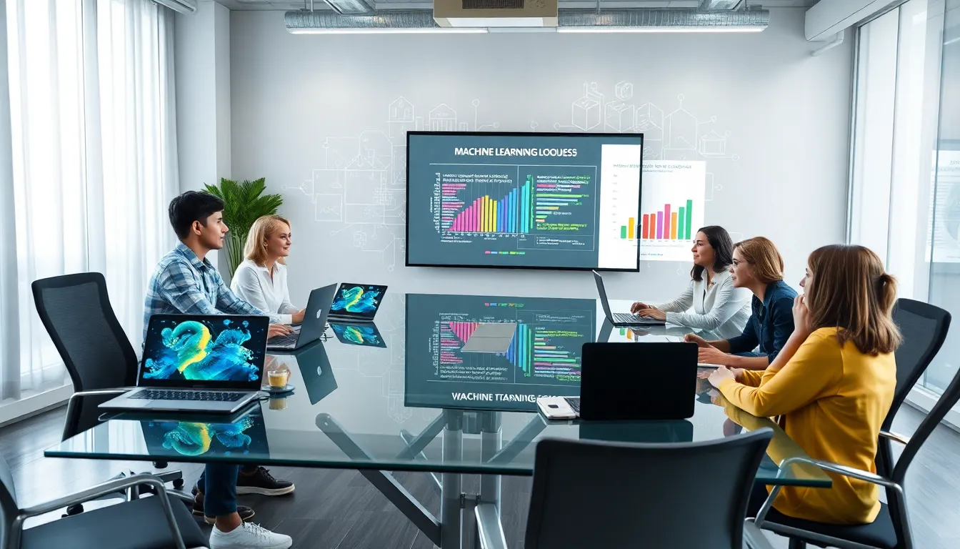 diverse team discussing machine learning programming in a modern office.