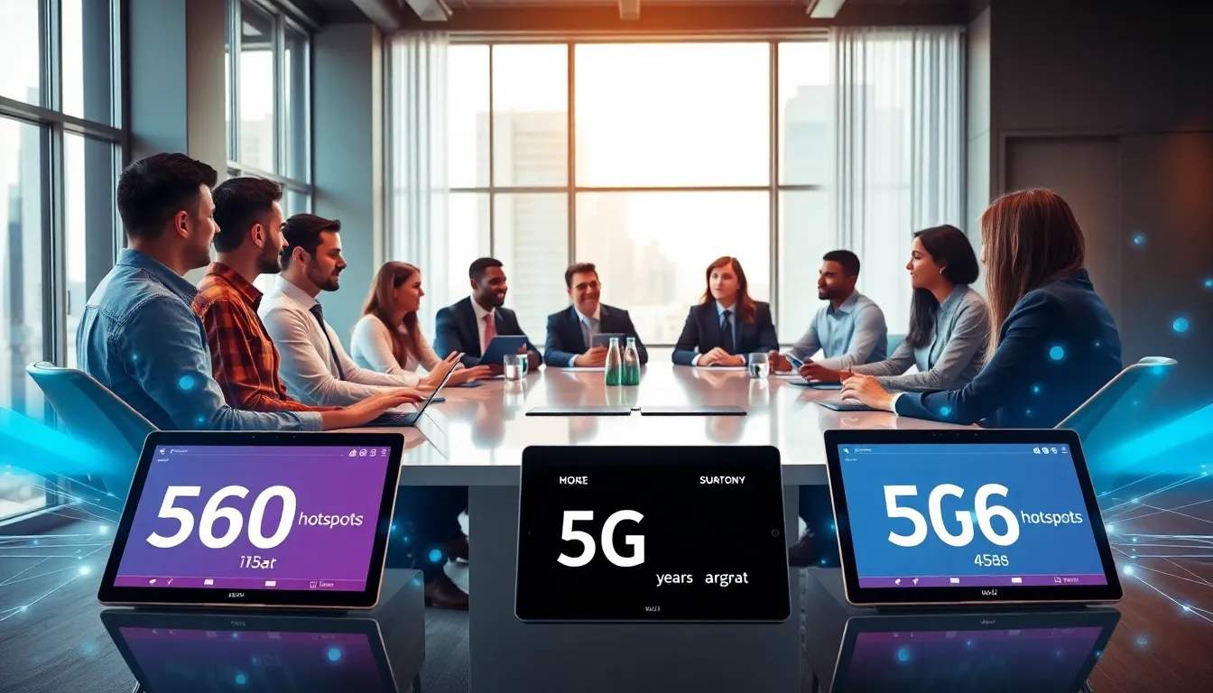 diverse professionals discussing T Mobile business solutions in a modern office.