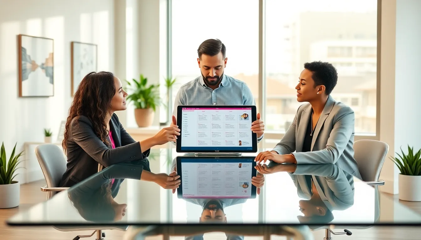 diverse team discussing T Mobile phone plans in a modern office.