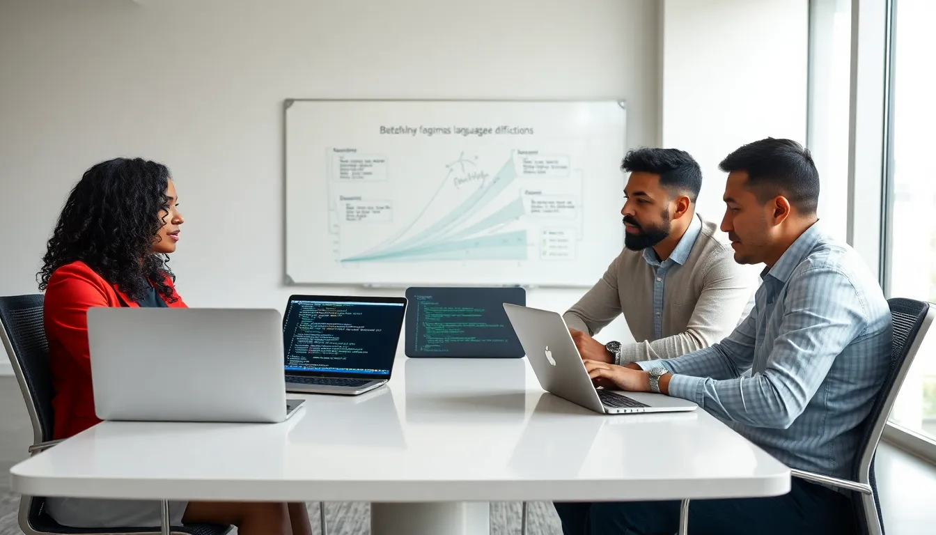 diverse team discussing programming language difficulty in a modern office.