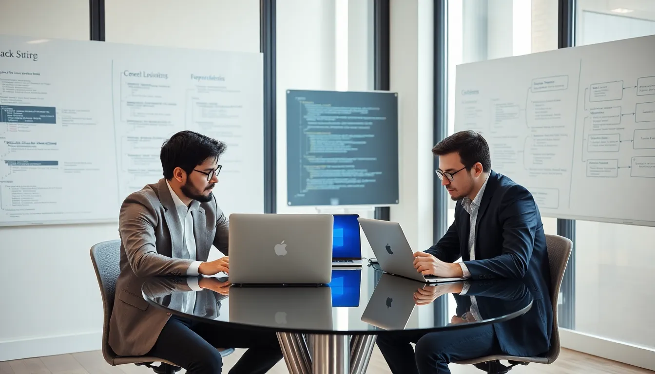 diverse team collaborating on backend programming in a modern office.