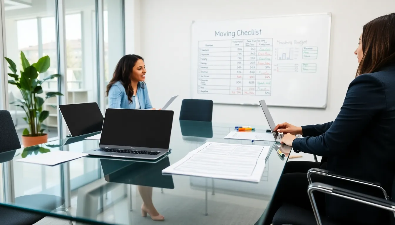 team planning a moving checklist in a modern office.