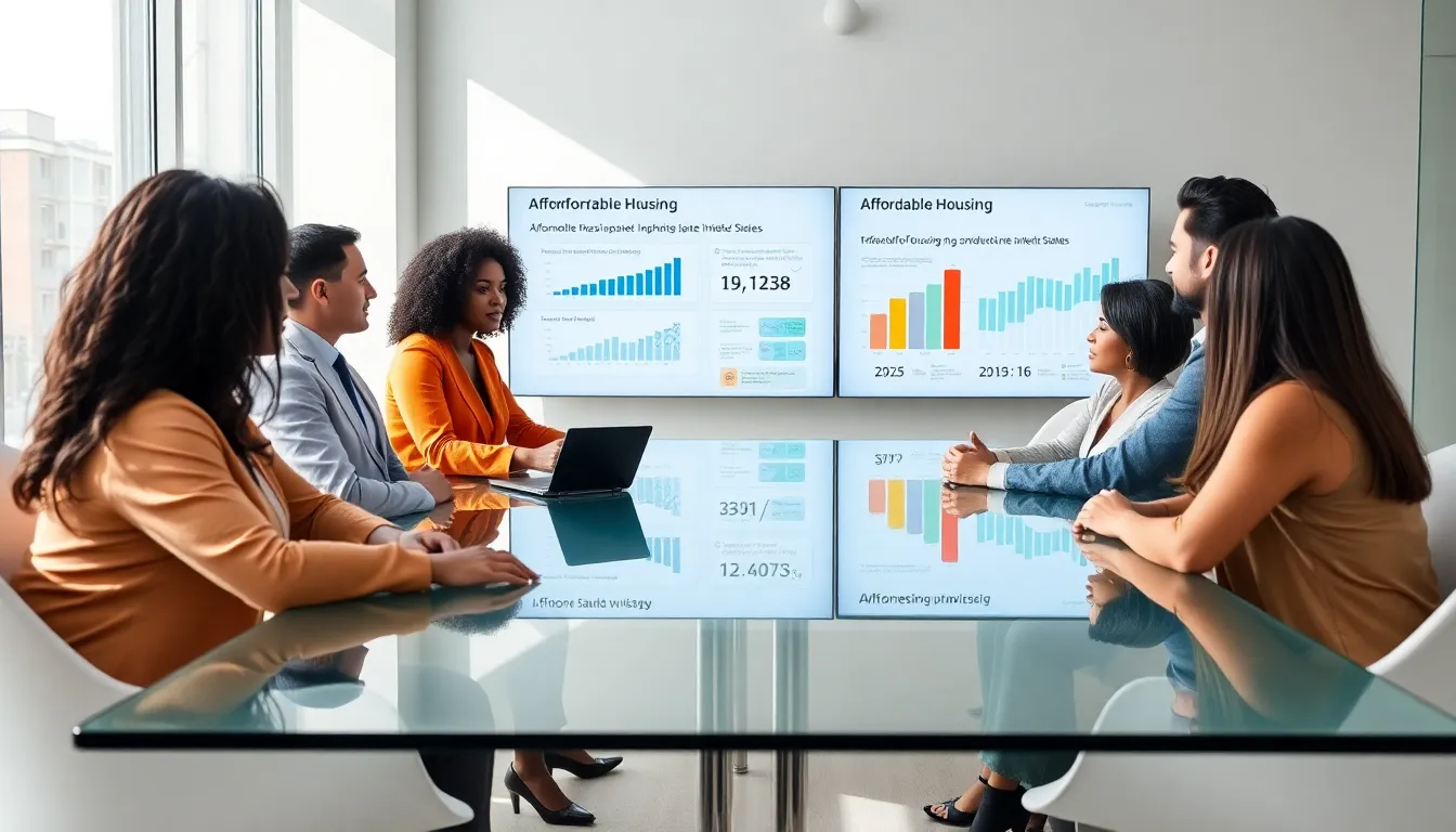 diverse professionals discussing affordable housing in a modern office.