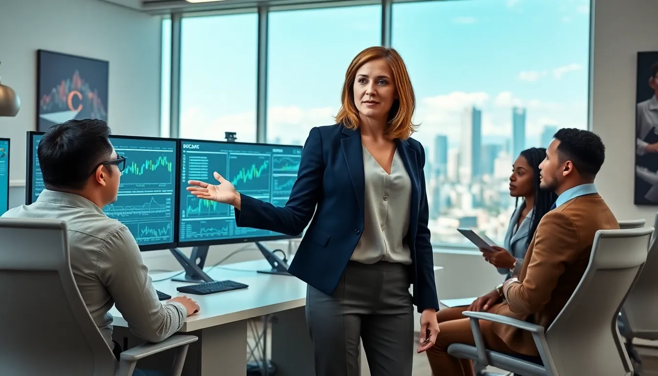Rebecca Applewhite discussing blockchain solutions in a tech office.